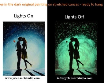 The kiss - 28 x 36 cm Original Glow in the dark painting on stretched canvas - ready to hang