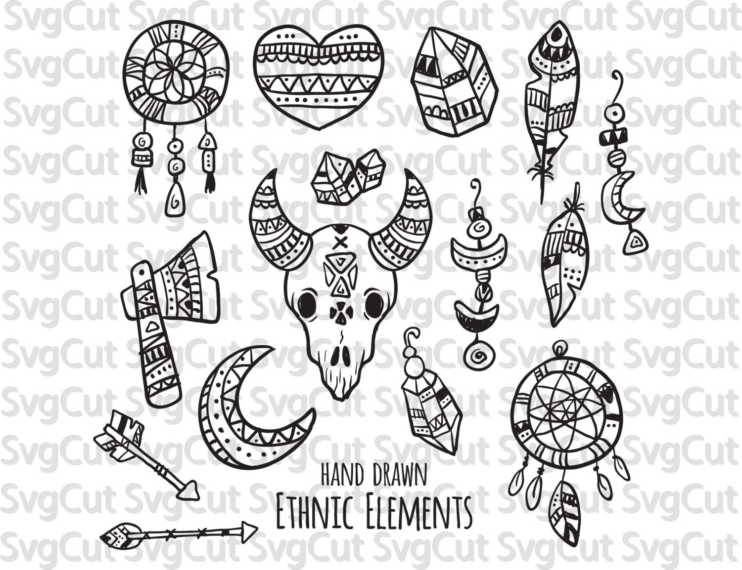 Download Tribal ethnic SVG Skull Heart Dreamcatcher Feathers Axe Moon