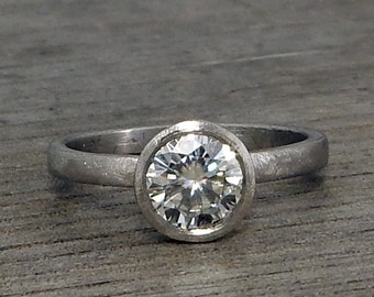 Conflict Free Engagement Ring - Forever One G-H-I Moissanite and Recycled 950 Palladium, Matte/Brushed, Simple Solitaire, Made to Order