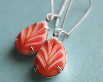 Orange & White Vintage Glass Leaf Earrings - Silver Plated - Surgical Steel Kidney Earwires