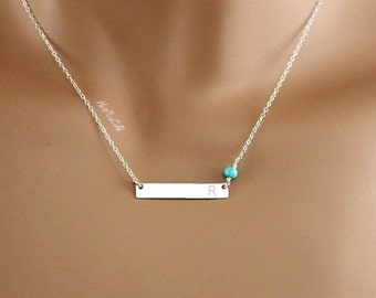 Silver Bar Necklace, Personalized Monogram Horizontal Necklace, Initial Pendant Bar, Bridesmaids Gifts, Name Plate Birthstone Necklace