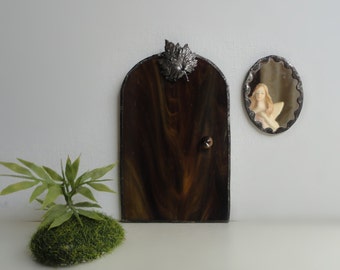 Fairy Door and Window, Stained Glass, Brown, Garden Sculpture, Home Decor, Whimsical Art, Fae, Portal, Faerie, Miniature, Magical, Terrarium