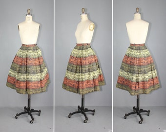 vintage skirt / 1950s / novelty print / TRIBAL SCROLL cotton skirt