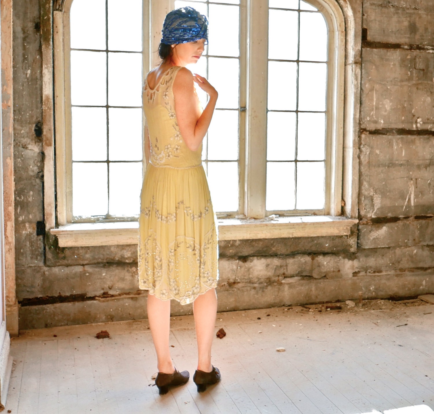 Yellow Silk Chiffon Beaded Flapper Dress with Slip Size Small