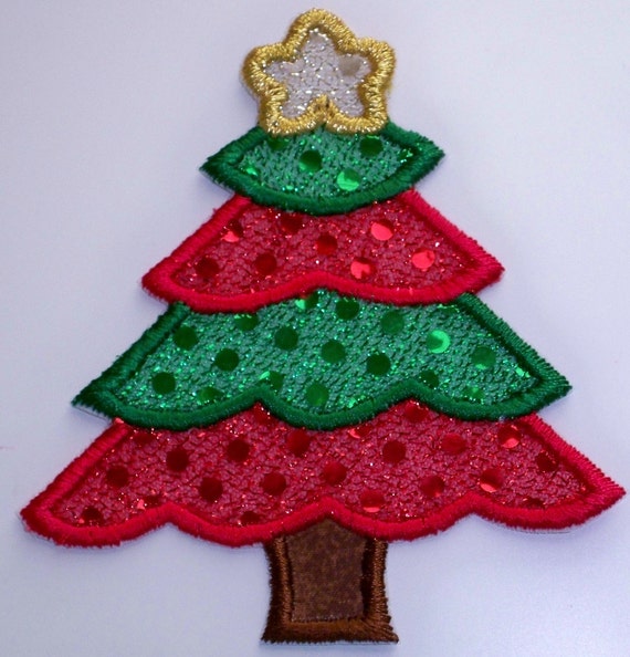 Christmas tree iron on or sew on fabric applique patch in red