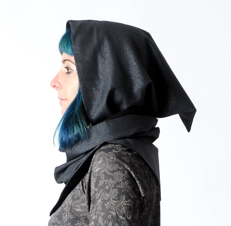 Sparkly black hooded scarf Glittery black cowl with hood