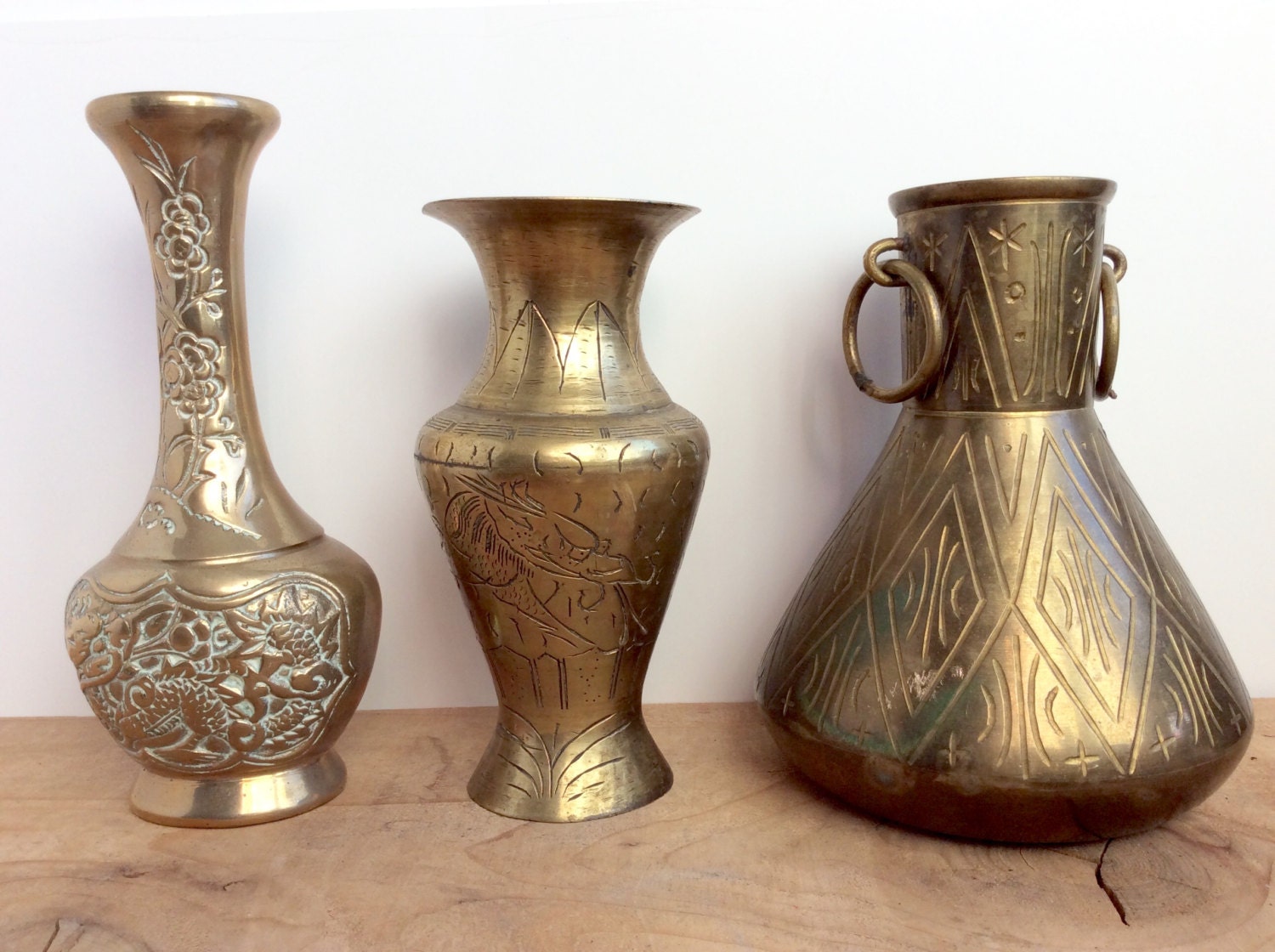 Vintage Brass Vases. Small Brass Chinese Dragon Vases India