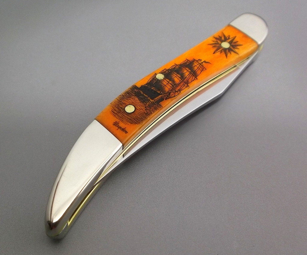 Scrimshaw Pocket Knife Sailing Ship Compass Rose Nautical