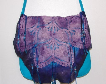 ReADY to SHiP!! Leather Handbag TURQUOISE Purse Fringe Beaded Hobo Bag " LACE PURPLE" Crocheted flap Over Purse Handmade by Debbie Leather