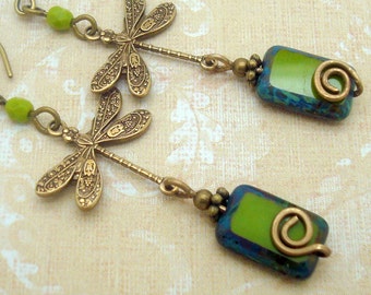 Boho Chic Earrings with Dragonfly and Handmade Spiral in Olive Green