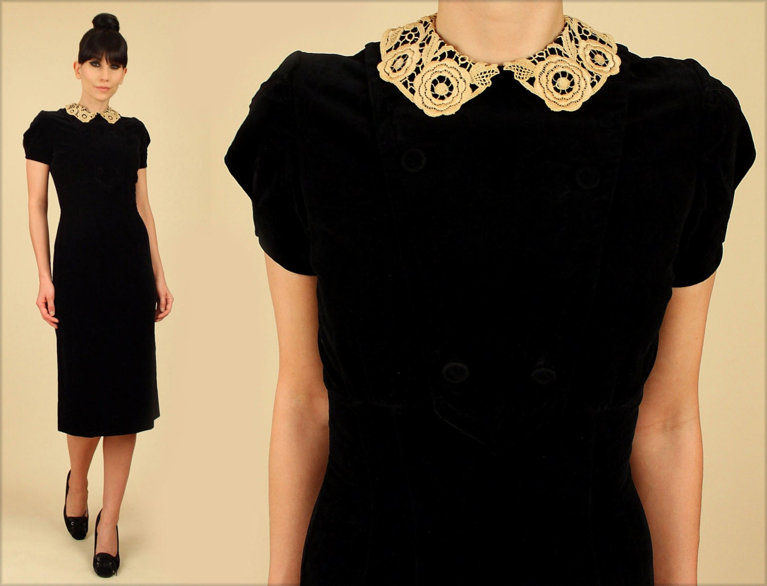 Vintage Black Velvet Wiggle Dress 40s Pinup Bombshell Cocktail 