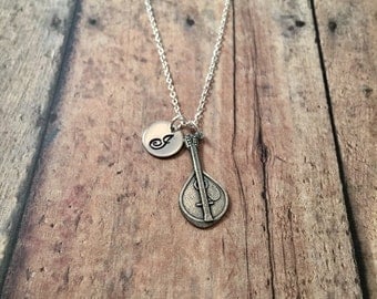 Lute initial necklace - lute jewelry, music necklace, pewter lute necklace, string instrument jewelry, gift for lute player, music jewelry