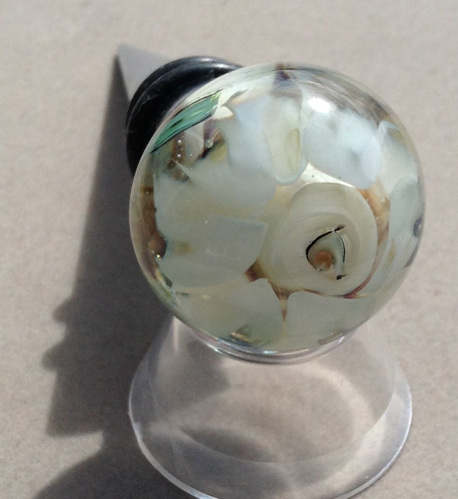 Wine Bottle Stopper Hand Blown Glass White Rose by AspenHotGlass