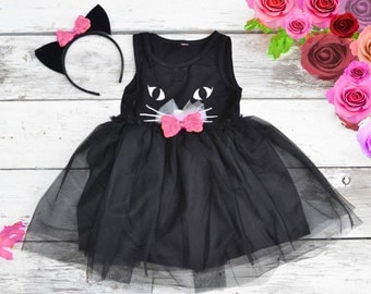 Black Cat Tutu Dress Halloween Costume Kitty Cat Ears Headband Tulle Girls 2t 3t 4t 5 6 Pink bows
