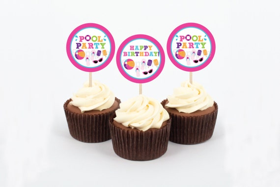 Girls Pool Party Printable Cupcake Toppers Party Favor Tags Ebay