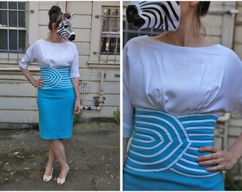 Vintage 60s Dramatic Blue and White Wiggle Dress with Contrast Piping at the Waistband by Andrée Gay | Medium