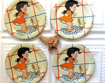 Vintage Ohio Art Toy Tin Dishes, Four Plates with Duck and Girl, Collectibles