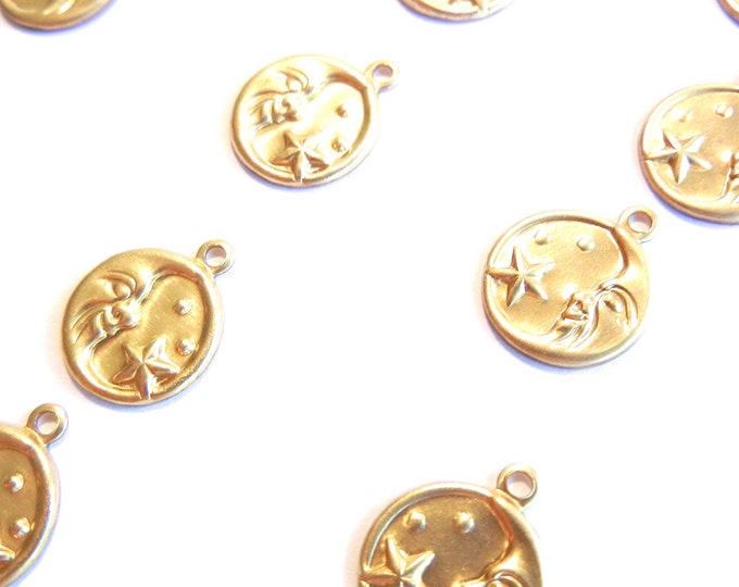 24 Pairs of Small Brass Celestial Charms Facing Moon and Stars