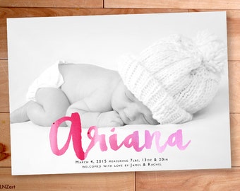 Birth Announcement, Watercolor, Baby Girl Announcement, Script,Calligraphy,Typography,Custom Baby Announcement, Printable, Custom Photo Card