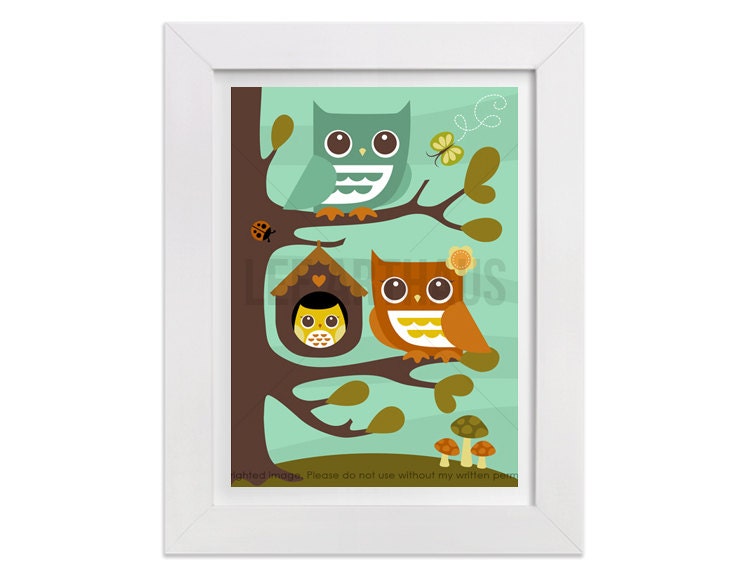 155 Owl Wall Art Owl Parents with Baby Girl Wall by leearthaus