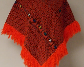 Vintage black woven poncho geometric animal floral red white blue teal yellow small