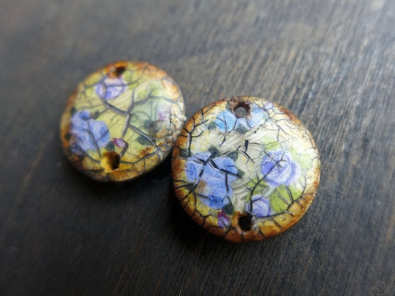 Crushed Bouquets- rustic polymer clay connectors. Earring pair. Two (2) handmade artisan art beads