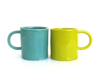 two hand built porcelain cups ... teal and chartreuse ... set of espresso cups ... demitasse