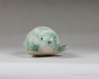 Pottery Seal - Sea Mist Green - Miniature Ceramic Porcelain Clay Animal Sculpture Decorative Home Decor Ornament - Terrarium Figurine