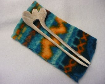 Hand Carved Deer Antler Hair Fork Stick Comb With Fleece Jacket #1