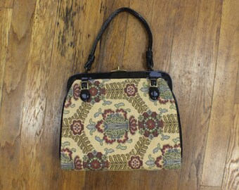 1960's Handbag / Vintage Tapestry Purse / Patent Leather and Brocade Accessories / Reversible Purse
