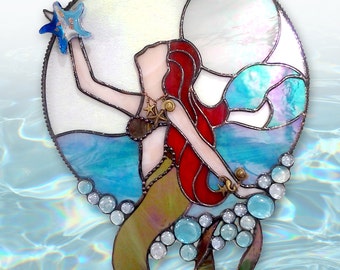 Stained Glass Mermaid Suncatcher - "Moonlight Mermaid"