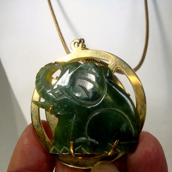 Jade Elephant Pendant on Gold Metal Snake Chain Cute Lucky