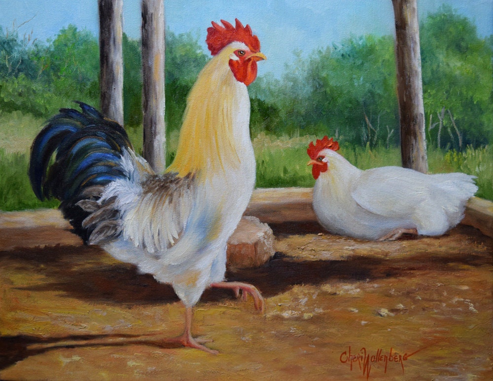 Country Animal PaintingWhite Rooster And Hen 14x18 Canvas