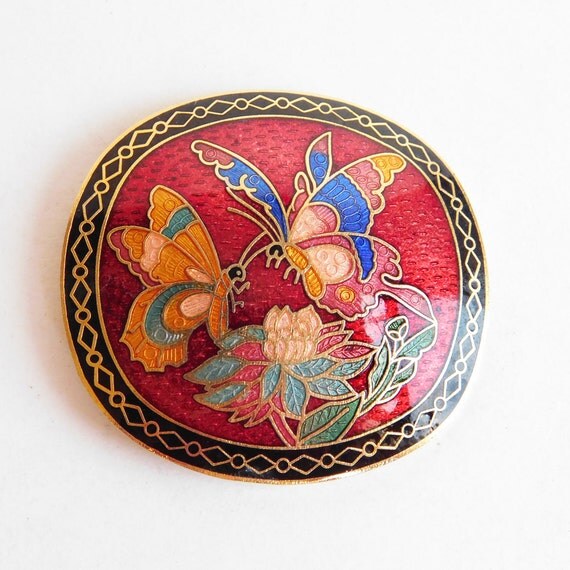 Vintage Cloisonne Enamel Belt Buckle with Butterflies Flower