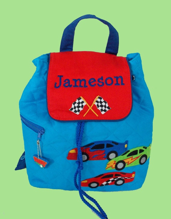 Personalized Stephen Joseph Backpack RACECAR Style With In Green and Blue-Monogramming Included