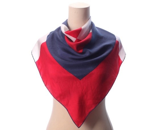 Red White Blue Silk Scarf 70s PATRIOTIC Color Block Neck Scarf