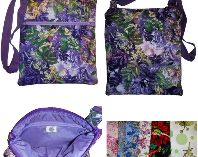Michael Miller Night Flower Fairies 3 versions - cross body purse/tote and backpack