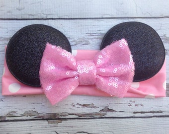 Pink Minnie Mouse ears headband with sequin Bow Baby Soft Cotton headband wrap headband holiday headband Babies 1st birthday