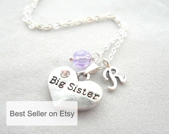 Big Sister Necklace, Middle Sister, Little Sister, Gift for Big Sister in Training, New Baby, Heart with Birthstone and Initial N094