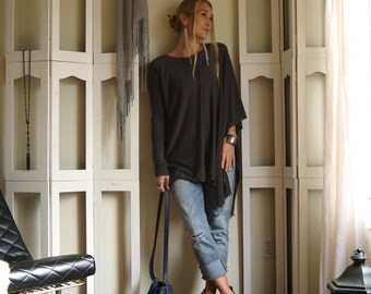 Boho OverSized Sweater Poncho Asymmetric Cape Shawl Boxy Round Neck Top Long Sleeved Tunic Maternity XS - XL Charcoal Lightweight Knit