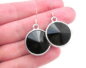 Silver & Black Earrings -- Black Crystal Drop Earrings -- Black Round Earrings -- Large Crystal Earrings -- Jet Swarovski Earrings -- Drops