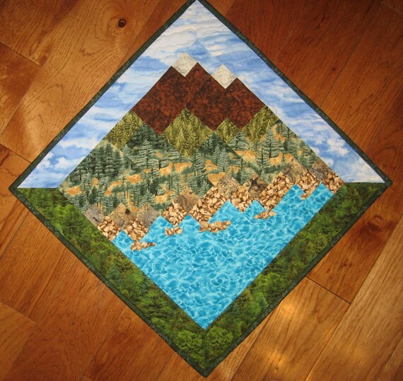 Lake Tahoe Mountains Art Quilt Fabric Wallhanging Textile Art