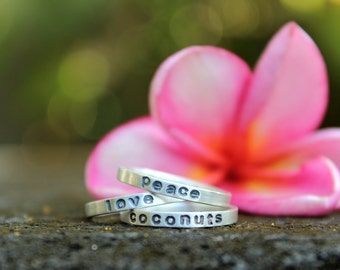 Three Favorite Words Rings - peace, love, coconuts stacking set