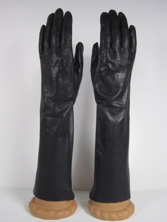 7Womens Vintage Black Leather Dress Gloves14 inches
