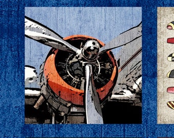 Aviator by Dan Morris for Quilting Treasures - 24" x 44" Panel Airplane Blueprints, Propellers, Vintage Airplanes on Navy