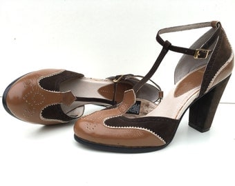 Brown T-Strap Mary Janes High Chunk Heel Two Tone Spectators 9.5