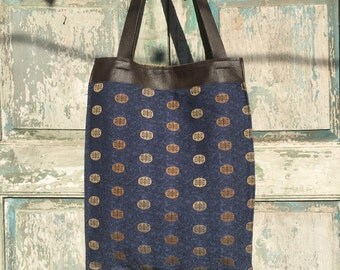 Brown Leather with Orange and Navy Blue Textile French Market Bag, Knitting and Yoga Bag, handmade