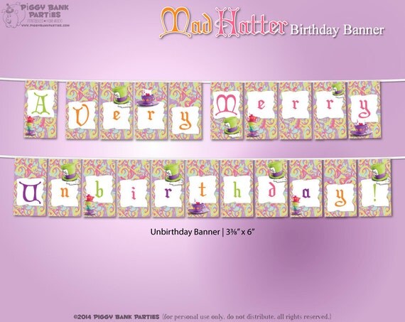 Mad Hatter Birthday Banner : A Very Merry Unbirthday Digital Banner | Print at Home Alice in Wonderland Party Decoration - INSTANT DOWNLOAD Il_570xn