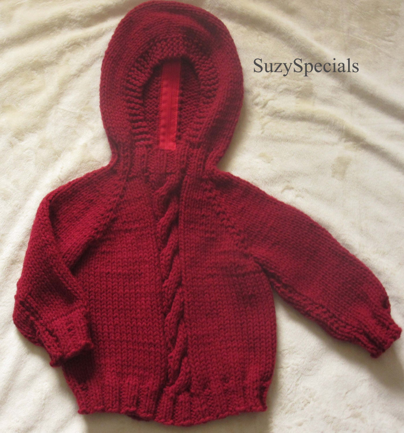 Hooded Knitted Burgandy Baby Sweater with Back Zipper
