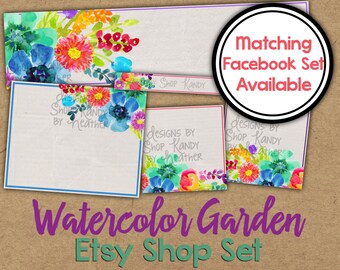 Watercolor Etsy Banner Set - Rainbow Watercolor Etsy Shop Banner - Floral Watercolor Banner - Watercolor Flower Etsy Shop Banner